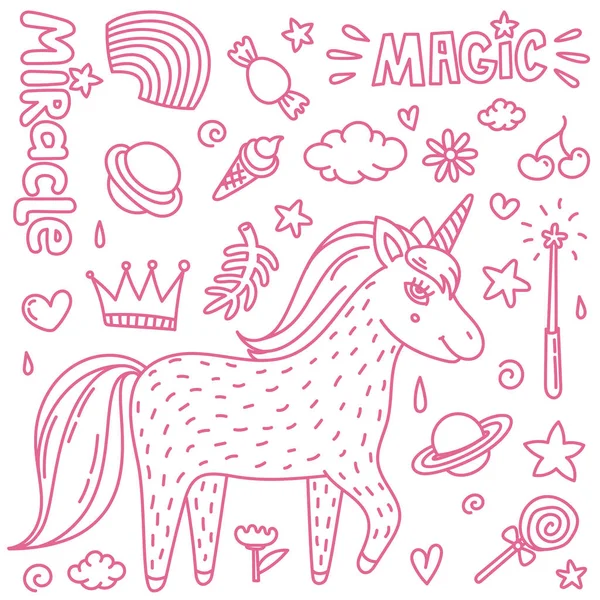 Tunn linje vektorillustration med söt handdrawn unicorn och magiska saker. Mirakel och magic varelse. — Stock vektor
