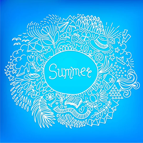 여름입니다. 원형 프레임 밝은 파란색 배경에 추상 자유 장식의 낙서. — 스톡 벡터