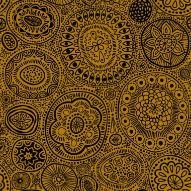 Seamless modeli. Ayrıntılı sorunsuz botanik doku nokta ve illüstrasyonlar daireler. Etnik desen doodle tarzı, yaz çiçek arka plan. Tüm öğeler değil kırpılmış ve maskesi altında gizli. Siyah