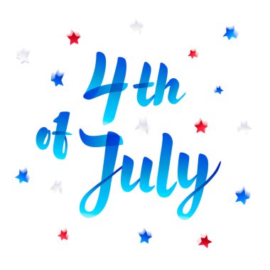 Bağımsızlık günü vektör Poster Illustration. 4 Temmuz kağıt yazı yıldız ve konfeti ile beyaz arka plan üzerinde. İşaret krokisi stili.
