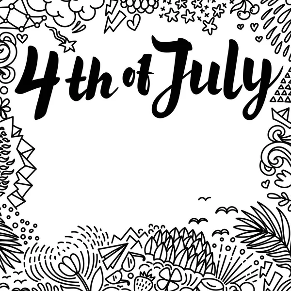 Иллюстрация векторного плаката Дня Независимости. Письмо от 4 июля на белом фоне с нарисованными от руки каракулями. Шаблон . — стоковый вектор