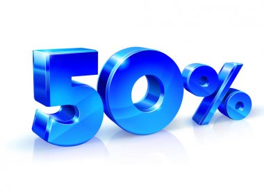 Parlak mavi 50 yüzde ellisi off, Satılık. Beyaz arka plan üzerinde 3d nesne izole.