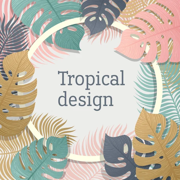 Diseño de marco de hoja vívida tropical. Diseño tropical de verano con hojas de palma exóticas. Monstera, palma, hojas de plátano. Diseño botánico exótico. Diseño de selva de verano. Estilo hawaiano . — Vector de stock