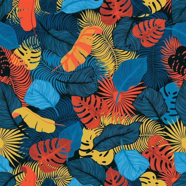 Patrón tropical sin costuras con hojas de palma exóticas. Monstera, palma, hojas de plátano. Diseño botánico textil exótico. Diseño de selva de verano. Estilo hawaiano . — Vector de stock
