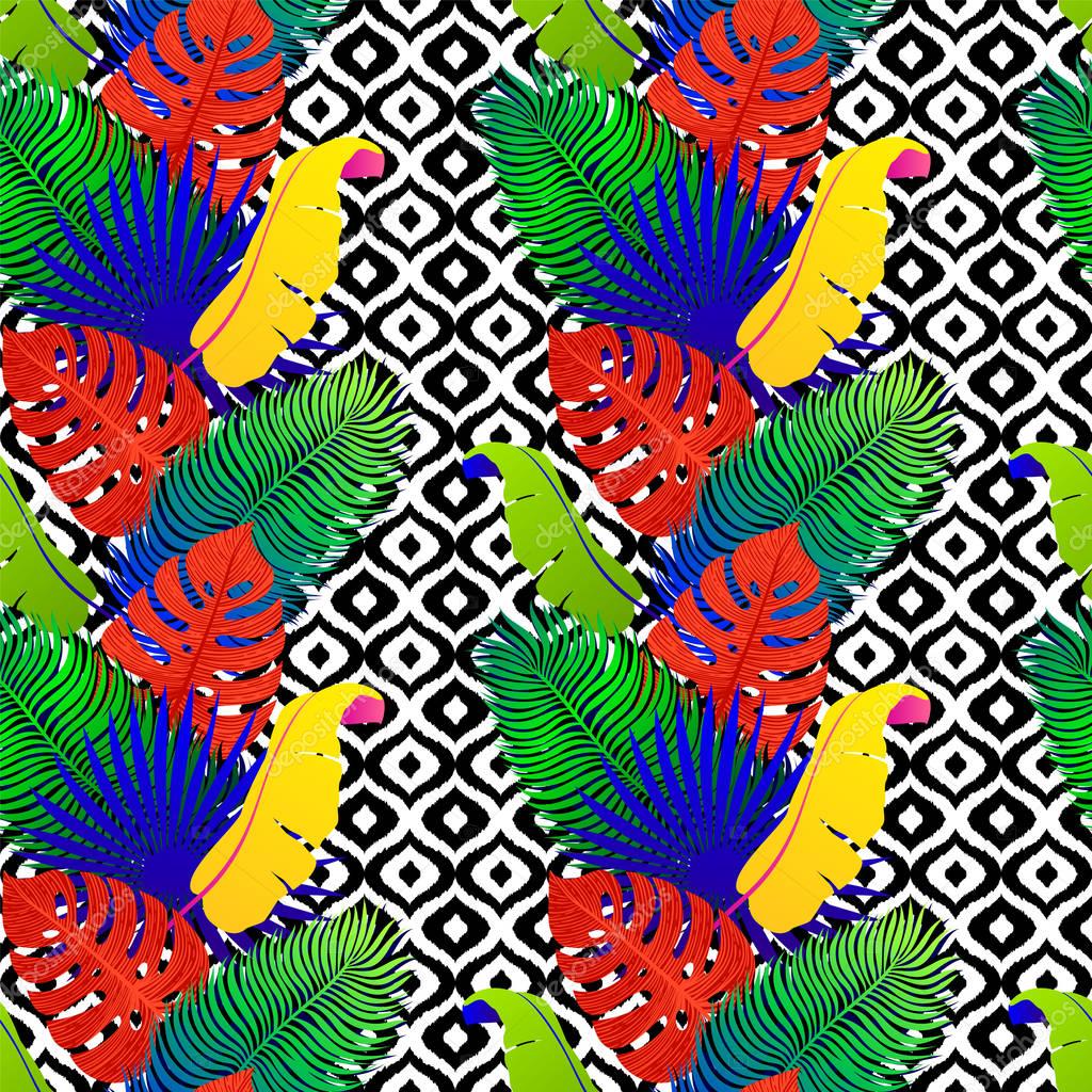 Tropical seamless pattern with exotic vivid leaves on black and white tribal background. Monstera, palm, banana leaves. Exotic textile botanical design. Summer jungle design. Hawaiian style