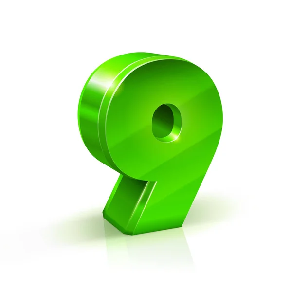 Fényes zöld kilenc 9 szám. fehér háttér, 3D-s illusztráció. — Stock Vector