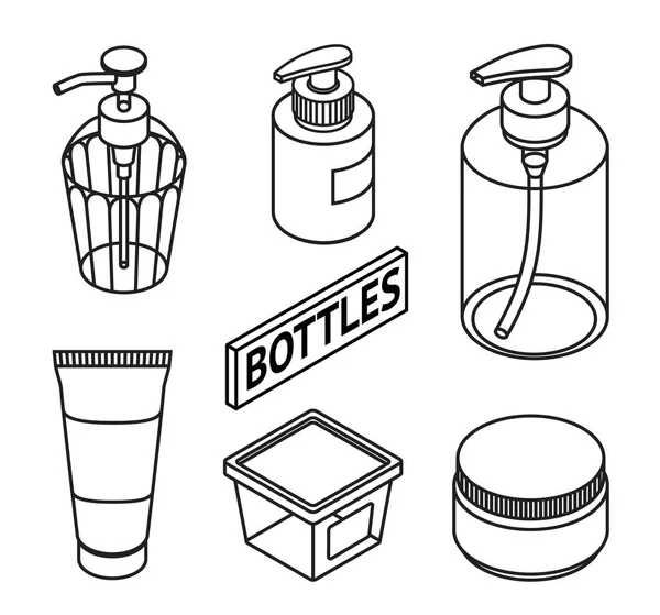 Set of Line style cosmetics for skin care. Icons of cosmetic bottles and package. Bottles for shampoo, creams, tonic, mask, soap, gel — Stock Vector