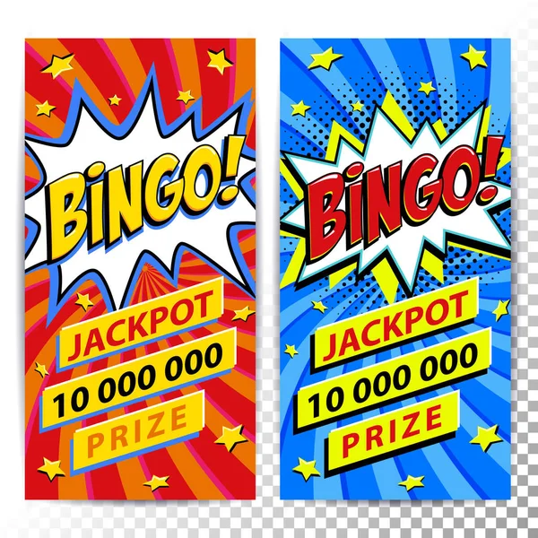 Bingo Lotto web banners. Lottery spelet bakgrunden. Comics popkonst-stil bang formen på en röd tvinnad bakgrund. Idealisk för web banners. — Stock vektor