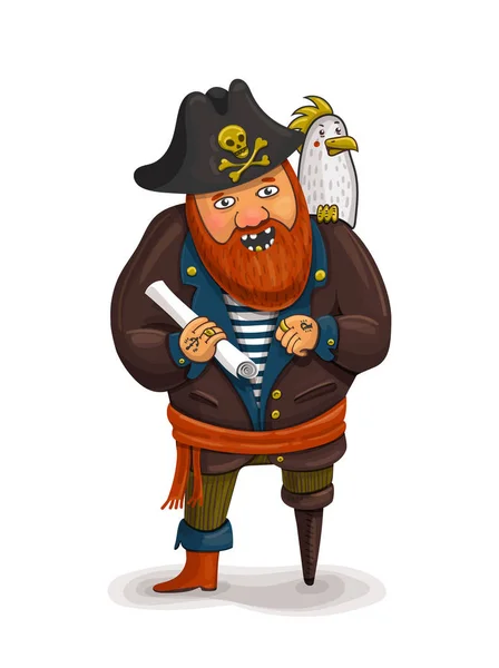 Uma ilustração de um pirata de desenhos animados amigável segurando um mapa do tesouro. Um pirata dos desenhos animados com um papagaio no ombro. Barba vermelha pirata. Pirata de uma perna . — Vetor de Stock