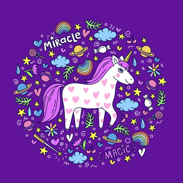 Söta handgjorda unicorn. Unicorn och magiska saker. Mirakel och magic varelse. — Stock vektor