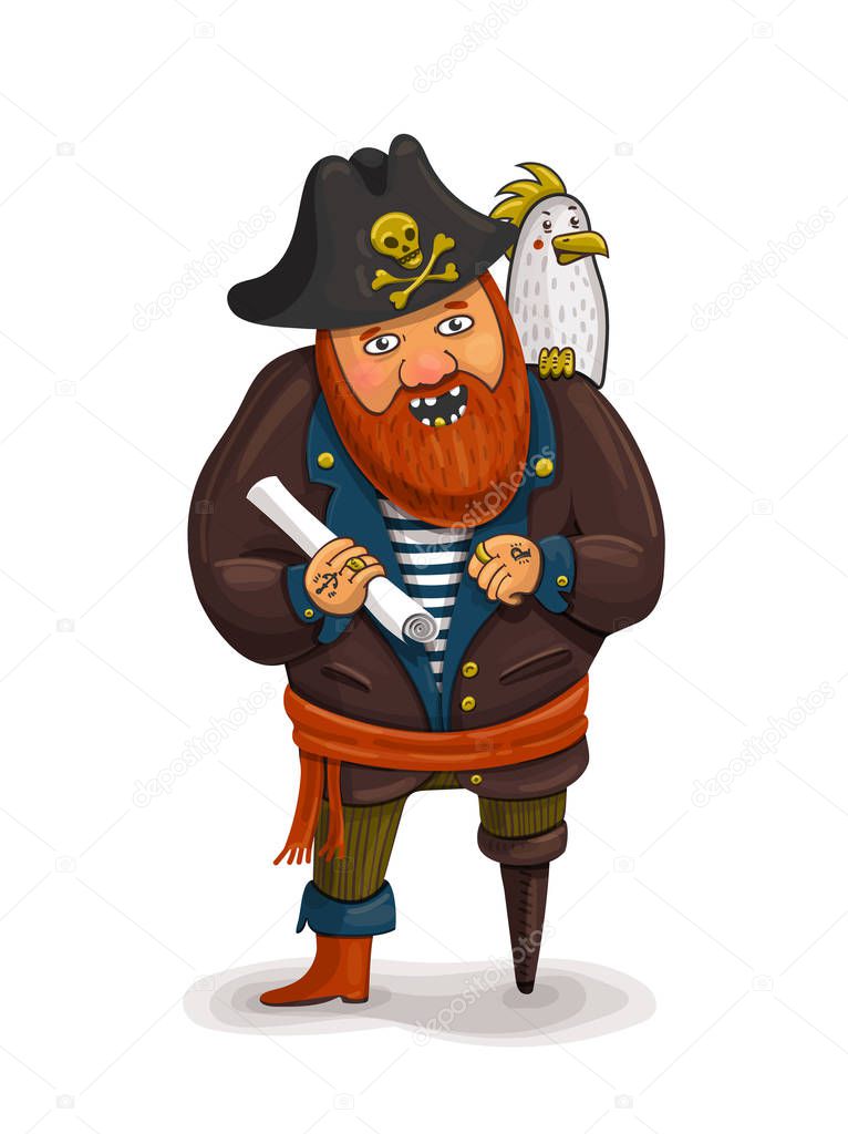 Un'illustrazione di un simpatico pirata dei cartoni animati con in mano una  mappa del tesoro.
