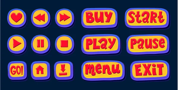 Handgezeichnete 3D-Web-Buttons für den Spieler. mögen, zurückspulen, abspielen, innehalten, anhalten. Internet-Taste legt Farbe fest — Stockvektor