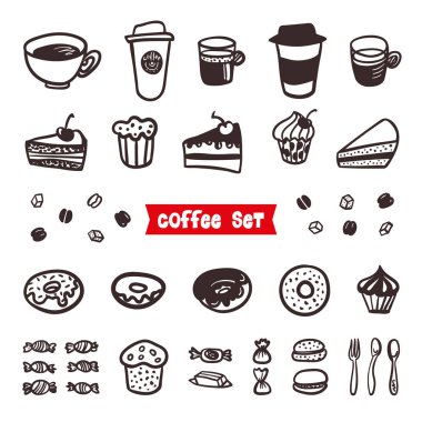 Kahve niteliklerini ayarlayın. El çekilen öğe anahat. Farklı bardak kahve Espresso, kapuçino, latte, ristretto, americano, raf, makiato, cheesecake, tatlılar, kekler, çörekler ve lezzetli kek