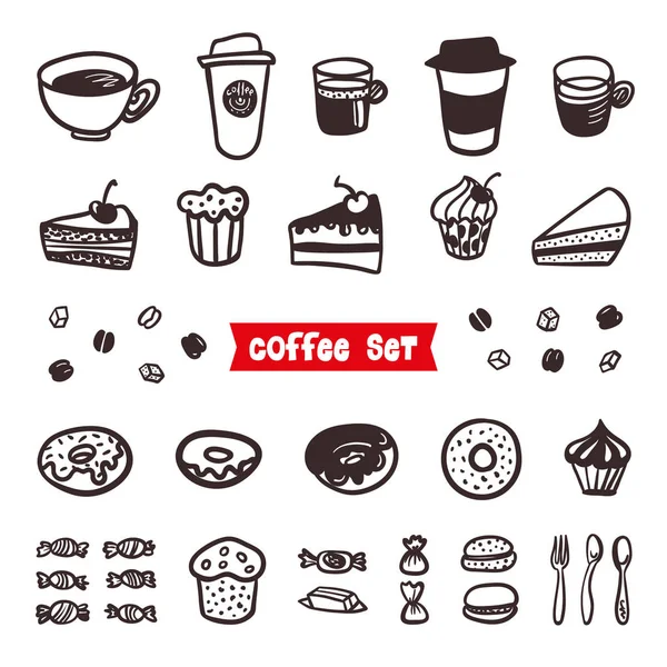 Coffee Attributes set. Outline Hand Drawn elements. Different cups of coffee Espresso, cappuccino, latte, ristretto, americano, raf, makiato, cheesecake, sweets, cupcakes, donuts and delicious cakes — Stock Vector