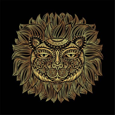 Altın Aslan başı. Kabile desen. Bir aslan başı siyah bir arka plan görüntüsü. Logo, dövme, burçlar, T-shirt grafik, vb için kullanılabilir.