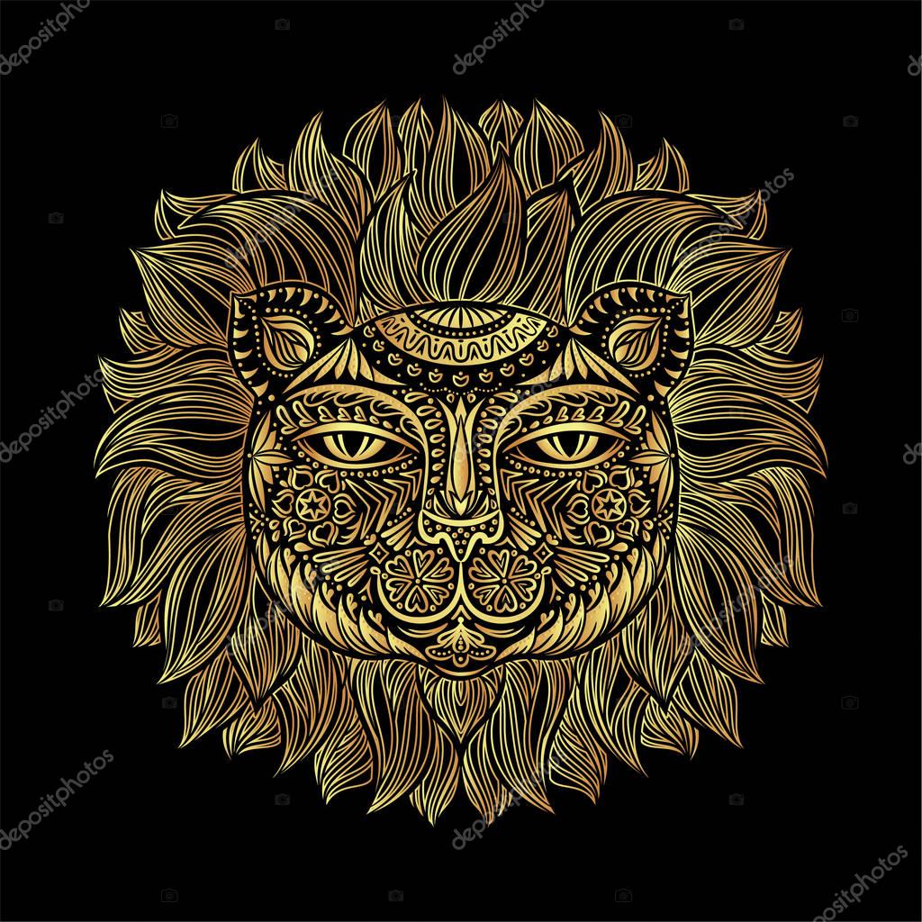 Golden Lion head. Tribal pattern. Image of a lion head on a black background. Can be used for logo, tattoo, horoscopes, T-shirt graphic, etc. Vector illustration.