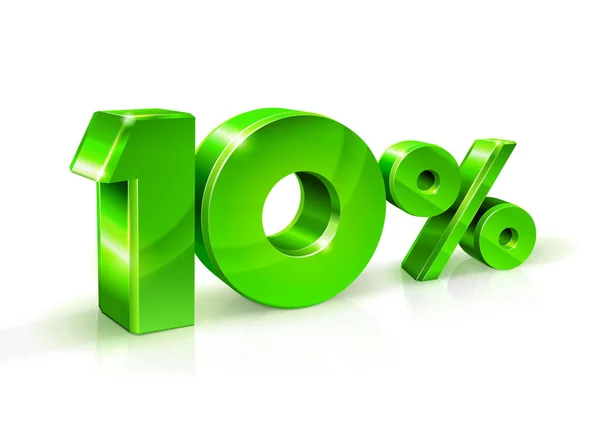 Glanzende groene 10 tien procent korting, verkoop. Geïsoleerd op een witte achtergrond, 3D-object. — Stockvector