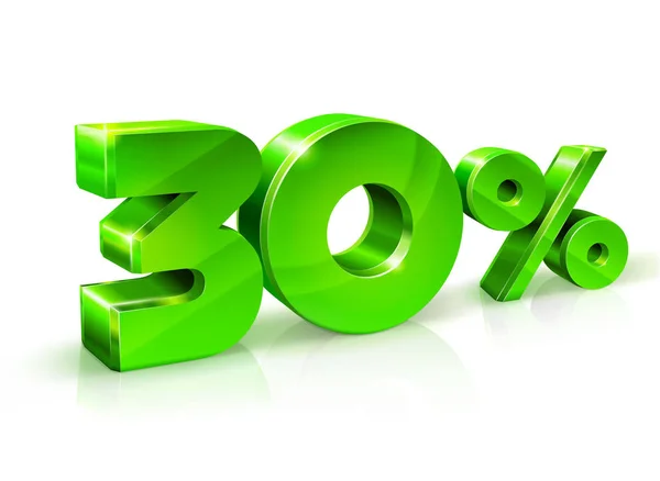 Verde lucido 30 Trenta per cento di sconto, vendita. Isolato su sfondo bianco, oggetto 3D . — Vettoriale Stock