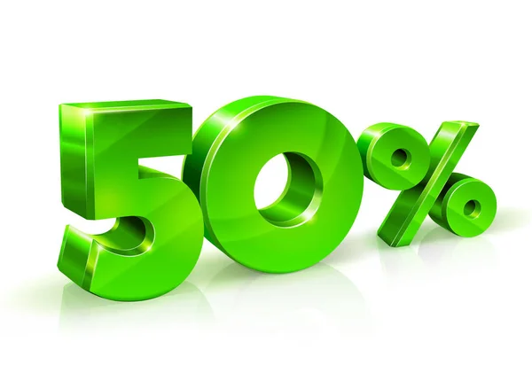 Vert brillant 50 50 % de réduction, vente. Isolé sur fond blanc, objet 3D . — Image vectorielle