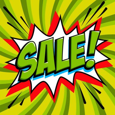 Yeşil Satılık web afiş. Pop art comic satış indirim promosyon afiş. Büyük satış arka plan. Bomba patlayıcı ile dekoratif arka plan. Çizgi roman popüler sanat tarzı yeşil bükülmüş arka plan üzerinde şekil bang. İdeal 