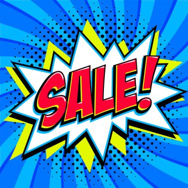 Mavi Satılık web afiş. Pop art comic satış indirim promosyon afiş. Büyük satış arka plan. Bomba patlayıcı ile dekoratif arka plan. Çizgi roman popüler sanat stil üzerinde mavi bükülmüş arka plan şekli bang. İdeal