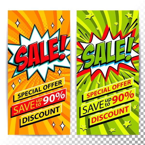 Satılık web Bannerlar. Pop art comic satış indirim promosyon afiş kümesi. Büyük satış arka plan. Bomba patlayıcı ile dekoratif arka planlar. Kırmızı ve mavi çizgi roman popüler sanat stil patlama şekli Bükülü