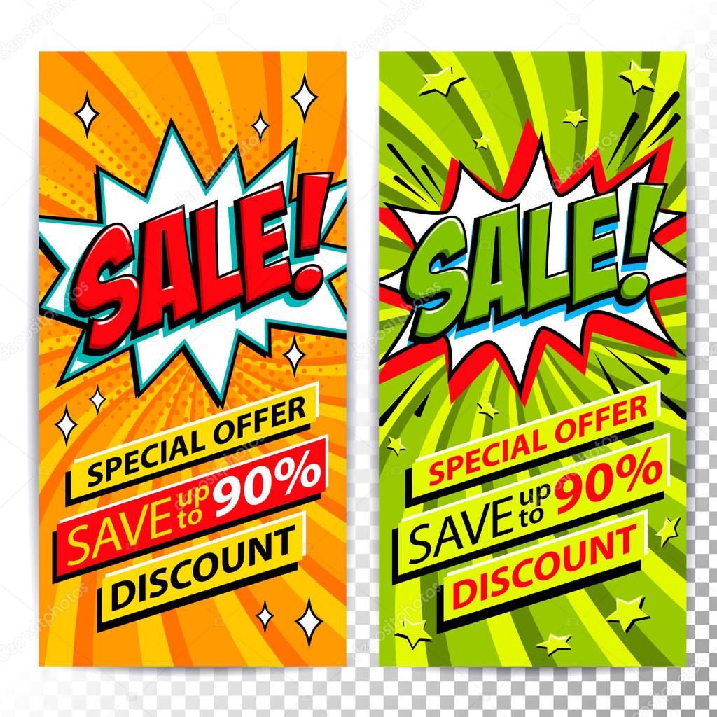 Sale web banners. Set of Pop art comic sale discount promotion banners. Big sale background. Decorative backgrounds with bomb explosive. Comics pop-art style bang shape on red and blue twisted