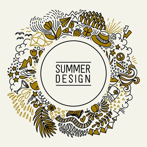 Verano negro y oro mano dibujado alrededor de la tarjeta postal de línea delgada. Saludo estacional con palabra Summer. Doodle tarjeta de verano con elementos florales, flores, sol, pájaro, nubes, hojas . — Vector de stock