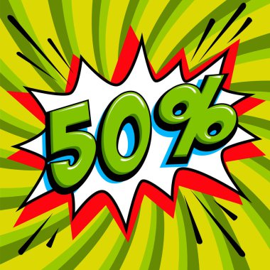 Yeşil Satılık web afiş. Pop art comic satış indirim promosyon afiş. Büyük satış arka plan. Arka plan üzerinde yeşil bir çizgi roman popüler sanat stil patlama şekli satışa 50 kapalı bükülmüş. Mevsimlik indirimler, 
