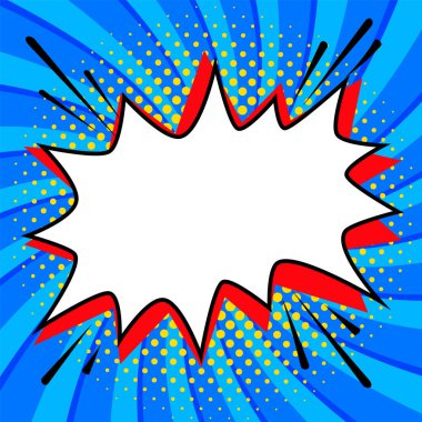 Pop art konuşma balonu şablon tasarımınızın tarz. Çizgi roman popüler sanat tarzı boş mavi bir bükülmüş arka plan şekli bang. resimde. Web Bannerlar için idealdir.