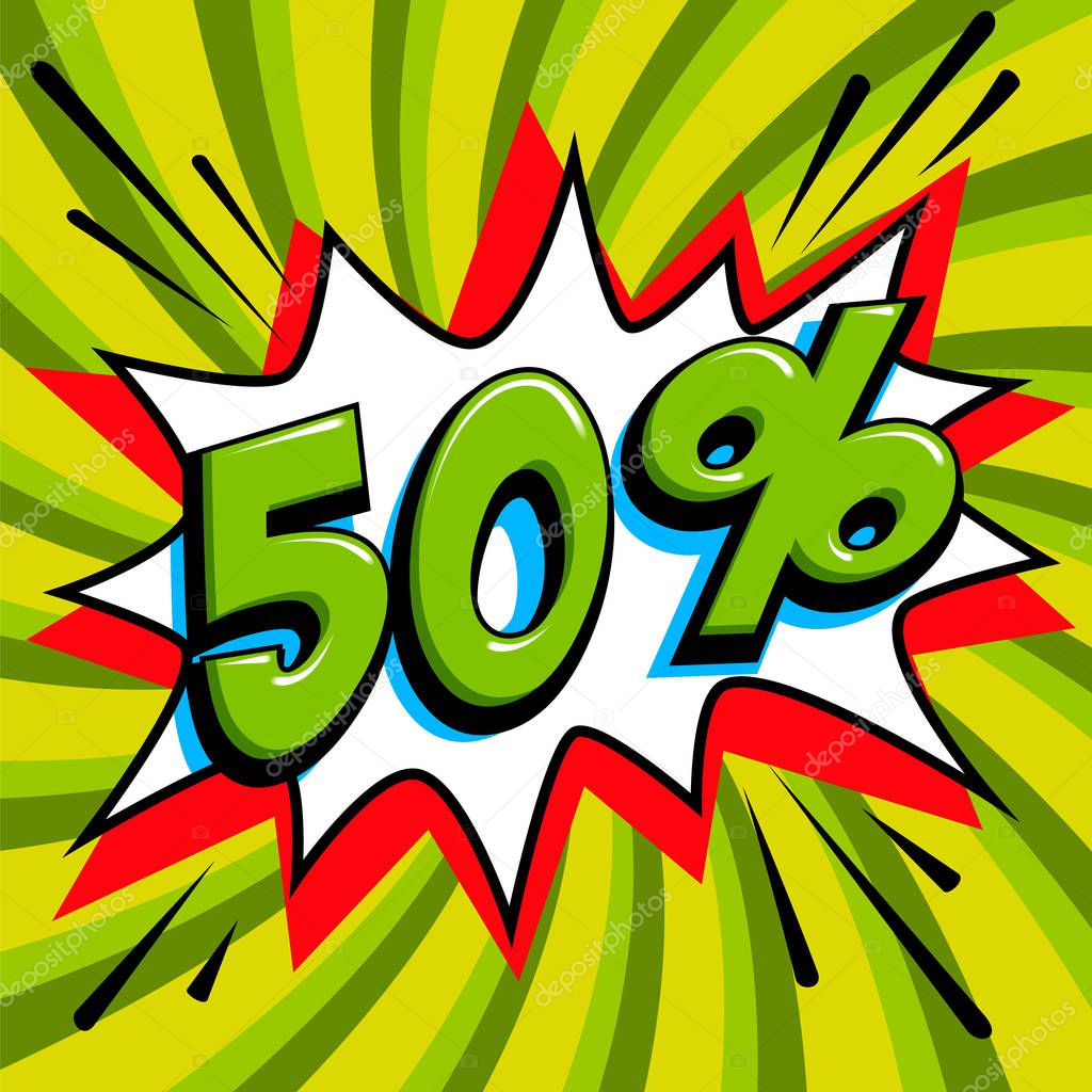 Green sale web banner. Pop art comic sale discount promotion banner. Big sale background. Sale 50 off on a Comics pop-art style bang shape on green twisted background. Seasonal discounts, Black Friday