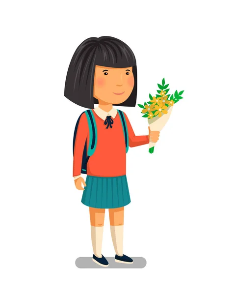 Kız öğrenci vektör. Mutlu kız öğrenci öğretmeni için buket çiçek tutan sırt çantası ile. İlkokul öğrencisi. Düz çizgi film illüstrasyon. İlk öğretim yılı. Okula dönüş. — Stok Vektör