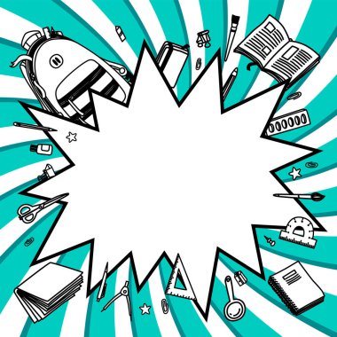 İleti örneği koleksiyonu. Anahat stili. Geri okul ince çizgi vektör çizim şablonu bükülmüş arka plan üzerinde izole doodle. Yarım yamalak vektör sırt çantası ve grafik tasarım, web afiş için ileti örneği