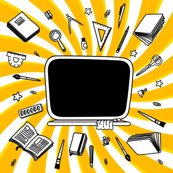 İleti örneği koleksiyonu. Anahat stili. Geri okul ince çizgi vektör çizim şablonu bükülmüş arka plan üzerinde izole doodle. Yarım yamalak vektör sırt çantası ve grafik tasarım, web afiş için ileti örneği