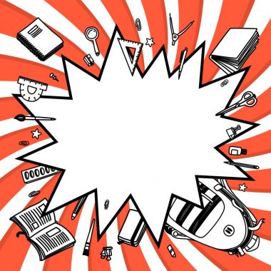 İleti örneği koleksiyonu. Anahat stili. Geri okul ince çizgi vektör çizim şablonu bükülmüş arka plan üzerinde izole doodle. Yarım yamalak vektör sırt çantası ve grafik tasarım, web afiş için ileti örneği