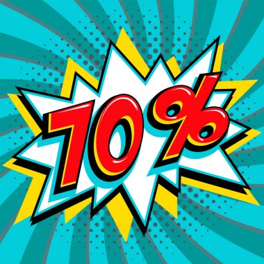 Mavi Satılık web afiş. Pop art comic satış indirim promosyon afiş. Büyük satış arka plan. Satılık 70 kapalı bükülmüş arka plan mavi bir çizgi roman popüler sanat stil patlama şekli. Mevsimlik indirimler, 