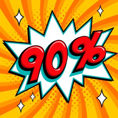 Turuncu Satılık web afiş. Pop art comic satış indirim promosyon afiş. Büyük satış arka plan. Bir çizgi roman popüler sanat stil bang şekil üzerinde turuncu indirimde 90 kapalı arka plan bükülmüş. Mevsimlik indirimler, siyah