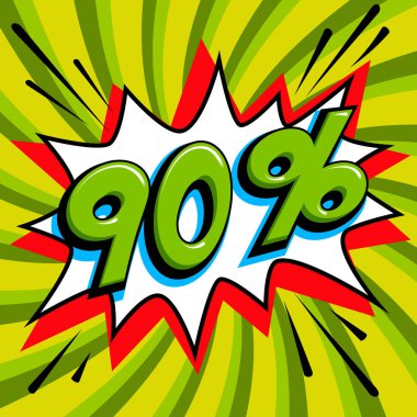 Yeşil Satılık web afiş. Pop art comic satış indirim promosyon afiş. Büyük satış arka plan. Arka plan üzerinde yeşil bir çizgi roman popüler sanat stil patlama şekli satışa 90 kapalı bükülmüş. Mevsimlik indirimler, 