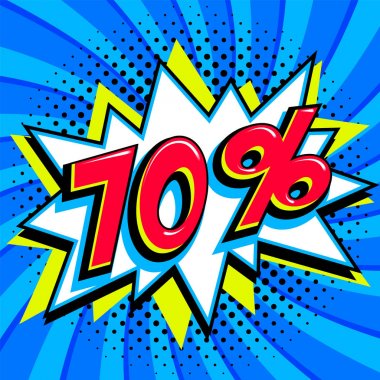 Mavi Satılık web afiş. Pop art comic satış indirim promosyon afiş. Büyük satış arka plan. Satılık 70 kapalı bükülmüş arka plan mavi bir çizgi roman popüler sanat stil patlama şekli. Mevsimlik indirimler, 