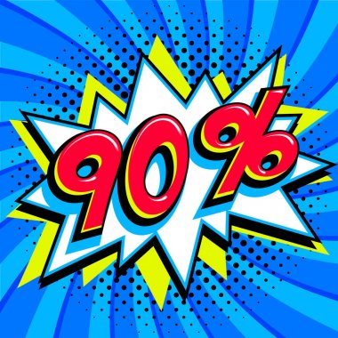 Mavi Satılık web afiş. Pop art comic satış indirim promosyon afiş. Büyük satış arka plan. Satılık 90 kapalı bir çizgi roman popüler sanat stil bang şekil üzerinde mavi arka plan bükülmüş. Mevsimlik indirimler, 