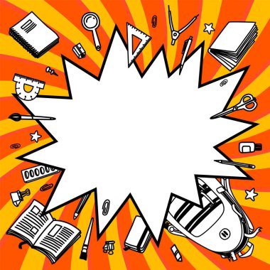 İleti örneği koleksiyonu. Anahat stili. Geri okul ince çizgi vektör çizim şablonu bükülmüş arka plan üzerinde izole doodle. Yarım yamalak vektör sırt çantası ve grafik tasarım, web afiş için ileti örneği