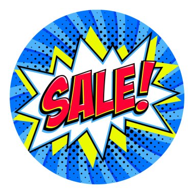 Yuvarlak şekil satış etiketi. Mavi Satılık web afiş. Pop art comic satış indirim promosyon etiket. Büyük satış arka plan. Bomba patlayıcı ile dekoratif arka plan. Çizgi roman popüler sanat stil bang şekil üzerinde mavi mavi 