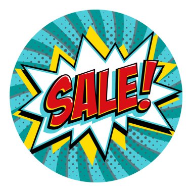 Yuvarlak şekil satış etiketi. Mavi yeşil Satılık web afiş. Pop art comic satış indirim promosyon etiket. Büyük satış arka plan. Bomba patlayıcı ile dekoratif arka plan. Çizgi roman popüler sanat stil bang şeklin üzerindeki mavi