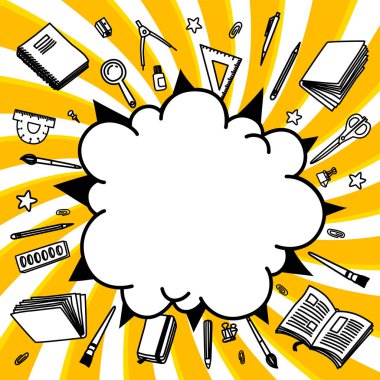 İleti örneği koleksiyonu. Anahat stili. Geri okul ince çizgi vektör çizim şablonu bükülmüş arka plan üzerinde izole doodle. Yarım yamalak vektör sırt çantası ve grafik tasarım, web afiş için ileti örneği