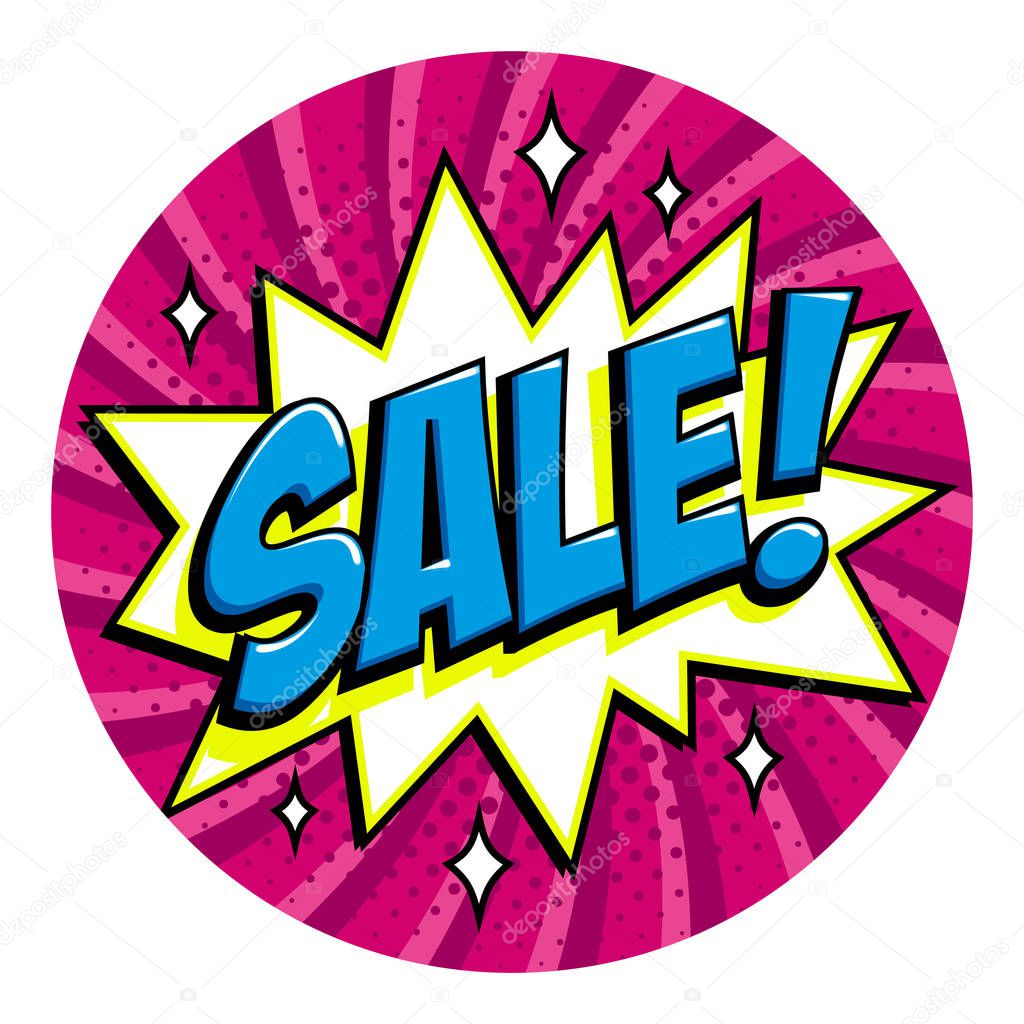 Round shape sale tag. Purple sale web banner. Pop art comic sale discount promotion banner. Big sale background. Decorative background with bomb explosive. Comics pop-art style bang shape on purple