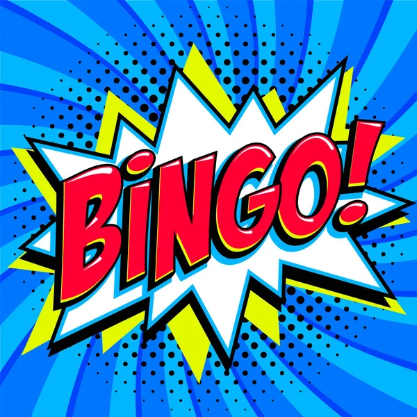 Bingo lottery poster. Lottery game background. Comics pop-art style bang shape on a red twisted background. — Stock Vector
