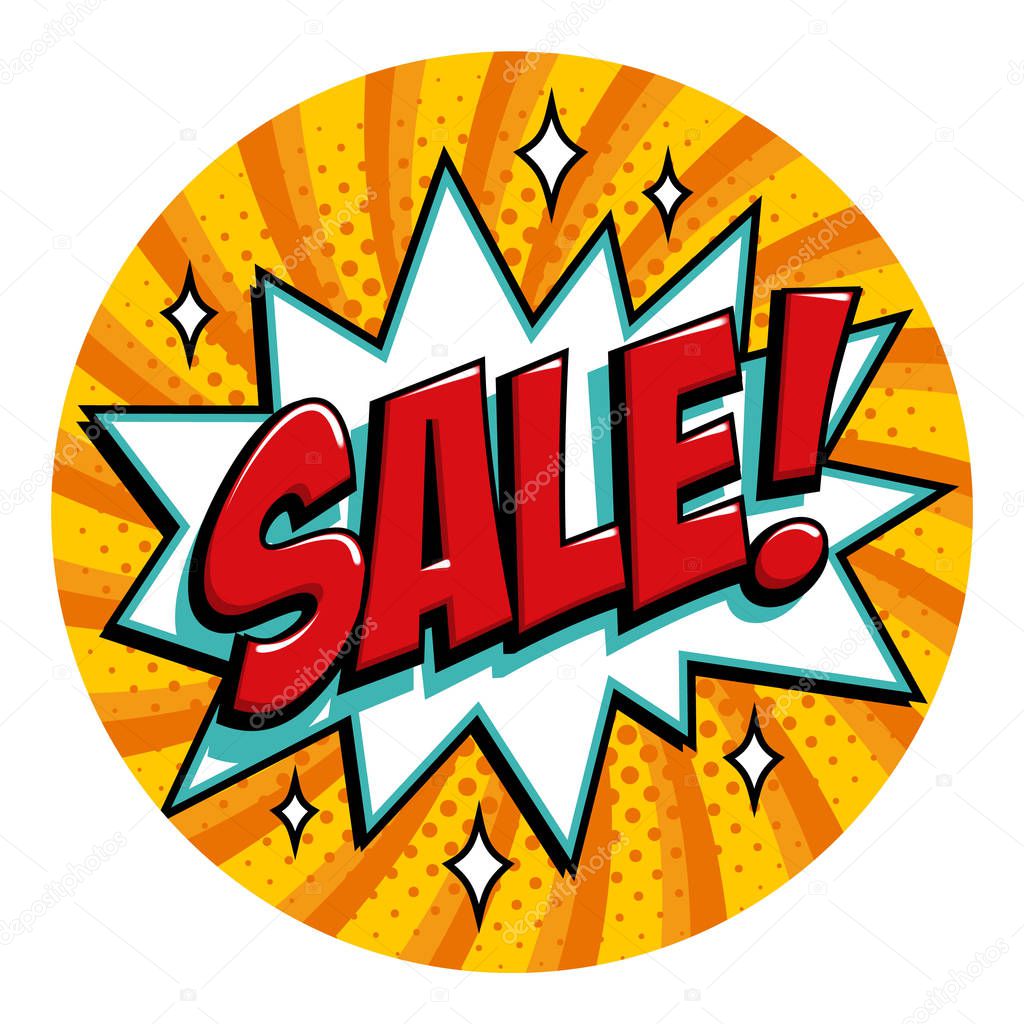 Round shape sale tag. Yellow sale web banner. Pop art comic sale discount promotion banner. Big sale background. Decorative background with bomb explosive. Comics pop-art style bang shape on yellow