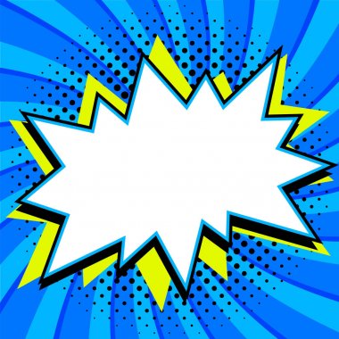 Pop art konuşma balonu şablon tasarımınızın tarz. Çizgi roman popüler sanat tarzı boş mavi bir bükülmüş arka plan şekli bang. resimde. Web Bannerlar için idealdir.