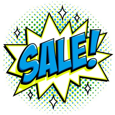 Çizgi roman tarzı satış etiketi. Mavi Satılık web afiş. Pop art comic satış indirim promosyon afiş. Büyük satış arka plan. Bomba patlayıcı ile dekoratif arka plan. Noktalı resim üzerinde çizgi roman popüler sanat stil bang şekil