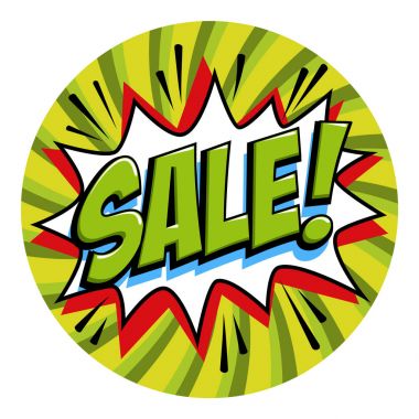Yuvarlak şekil satış etiketi. Yeşil Satılık web afiş. Pop art comic satış indirim promosyon afiş. Büyük satış arka plan. Bomba patlayıcı ile dekoratif arka plan. Çizgi roman popüler sanat stil patlama şekli yeşil